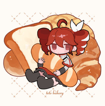 1girl baguette black_boots boots bread bread_slice chibi chibi_only croissant drill_hair food headband holding holding_food kasane_teto kasane_teto_(sv) long_sleeves looking_at_viewer red_eyes red_headband s1ho_(ukiy0u0) sitting solo synthesizer_v toast twin_drills utau