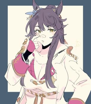 Rule 34 | 1girl, animal ears, bandaid, bandaid on face, bandaid on nose, black hair, breasts, chest sarashi, cleavage, fingerless gloves, gloves, horse ears, horse girl, jacket, large breasts, long hair, long sleeves, looking at viewer, nakagomiyuki415, narita brian (maverick) (umamusume), narita brian (umamusume), open clothes, open jacket, ponytail, sarashi, sidelocks, simple background, solo, star (symbol), umamusume, upper body, white jacket, yellow eyes