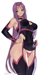 Rule 34 | 1girl, ashiomi masato, bare shoulders, black dress, black thighhighs, breasts, cleavage, collar, detached sleeves, dress, facial mark, fate/grand order, fate/stay night, fate (series), forehead, forehead mark, highres, large breasts, long hair, looking at viewer, medusa (fate), medusa (rider) (fate), parted bangs, purple eyes, purple hair, short dress, sidelocks, solo, thighhighs, thighs, very long hair