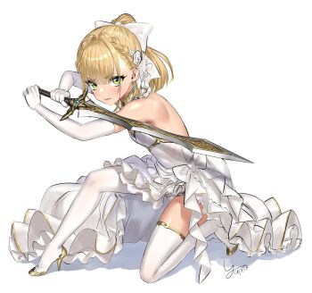 1boy backless_dress backless_outfit blonde_hair bow bulge commentary_request crossdressing crossdressing_(mtf) dress elbow_gloves frilled_dress frills full_body gloves green_eyes hair_bow high_heels highres holding holding_sword holding_weapon looking_at_viewer original panties ponytail short_ponytail signature solo sword thighhighs trap underwear weapon white_dress white_gloves white_panties white_thighhighs yapo_(croquis_side)