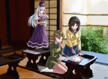 Rule 34 | 3girls, ascot, blonde hair, blue eyes, blue skirt, breasts, brown hair, chinese commentary, closed mouth, commentary request, corpse party, crossover, dress, green jacket, green skirt, grey hair, hat, jacket, kamishirasawa keine, long hair, medium breasts, multiple girls, ogasawara nana, one eye closed, photo background, pointing, puffy short sleeves, puffy sleeves, purple dress, purple hat, red ascot, school uniform, shinohara seiko, shirt, short hair, short sleeves, sitting, skirt, smile, touhou, very long hair, white shirt, xiaoxijino, yellow eyes, yellow shirt