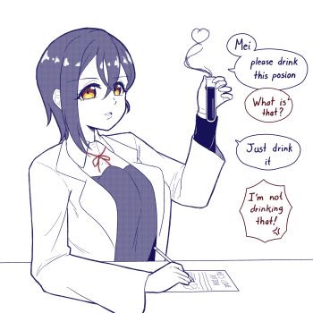 1girl absurdres anger_vein collared_shirt commentary crossed_bangs dress dress_shirt english_commentary english_text greyscale hair_between_eyes highres holding holding_pen jacket jagure111 lab_coat long_hair long_sleeves love_live! love_live!_superstar!! love_potion monochrome neck_ribbon open_mouth orange_eyes pen red_ribbon ribbon school_uniform shirt solo speech_bubble spot_color wakana_shiki winter_uniform yuigaoka_school_uniform