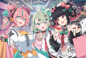 Rule 34 | 3girls, absurdres, angels of delusion, aqua streaks, aria (zenless zone zero), arm warmers, bag, bandaid, bandaid hair ornament, black choker, blunt bangs, blush, bow, bubble tea, center frills, choker, clothing cutout, collared shirt, colored inner hair, commentary request, crossed bangs, cup, earrings, frills, fur-trimmed sleeves, fur trim, green bow, green hair, green halo, hair between eyes, hair ornament, halo, highres, holding, holding cup, hutaba haru, jewelry, mechanical ears, multicolored hair, multiple girls, multiple hair clips, musical note earrings, nangong yu, navel cutout, necktie, pink arm warmers, pink hair, purple eyes, red eyes, red necktie, shirt, shopping, shopping bag, short twintails, smile, streaked hair, striped arm warmers, sunna (zenless zone zero), too many bows, twintails, upper body, white shirt, white wings, wings, y2k fashion, zenless zone zero