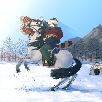 Rule 34 | 1boy, 1girl, :3, alternate costume, animal nose, arm up, bare tree, black footwear, black jacket, blue sky, cape, clothing cutout, colored skin, commentary, day, dog, fine art parody, fringe trim, from side, fur hat, green pants, grey eyes, grey hair, hat, highres, horse, horseback riding, jacket, long sleeves, looking at viewer, looking to the side, mode aim, mountainous horizon, napoleon crossing the alps, nervous, nervous smile, nervous sweating, pants, parody, peanuts-kun, ponpoko (vtuber), raccoon girl, raccoon tail, red cape, riding, shade, short hair, sidelighting, sky, smile, snow, sweat, tail, tail through clothes, tree, ushanka, utochan (uptkop), virtual youtuber, wide shot, winter, yellow skin