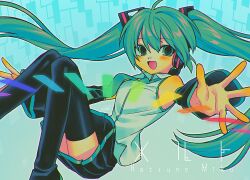 Rule 34 | 1girl, ahoge, bare shoulders, black footwear, black skirt, black sleeves, blue background, boots, breasts, character name, detached sleeves, feet out of frame, green eyes, green hair, green necktie, hair ornament, hatsune miku, highres, long hair, long sleeves, looking at viewer, melt (vocaloid), menma (enaic31), miniskirt, necktie, open mouth, pleated skirt, shirt, skirt, sleeveless, sleeveless shirt, small breasts, smile, solo, song name, thigh boots, thighhighs, twintails, very long hair, vocaloid, zettai ryouiki
