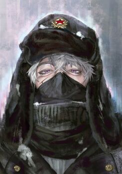 1boy absurdres axis_powers_hetalia black_scarf bleeding blood blood_on_face cuts fur_hat grey_background hair_between_eyes half-closed_eyes hat highres huijin_lu injury looking_at_viewer male_focus mask mouth_mask neck_warmer purple_eyes red_star russia_(hetalia) scarf short_hair snow_on_body snow_on_headwear solo soviet star_(symbol) ushanka white_hair