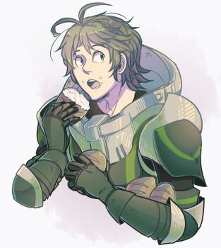 1boy armor bread brown_hair fire_emblem fire_emblem_awakening food green_armor green_eyes green_hair male_focus nintendo ockitten open_mouth short_hair solo stahl_(fire_emblem)