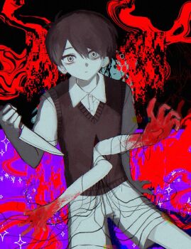 Rule 34 | 2boys, alternate eye color, antenna hair, black hair, black sweater vest, closed mouth, collared shirt, colored skin, double-parted bangs, dual persona, grey eyes, hair between eyes, highres, holding, holding knife, knife, looking at viewer, male focus, multiple boys, omori, omori (omori), rou (h s sinrin), shirt, short hair, short sleeves, shorts, sunny (omori), sweater vest, white shirt, white skin