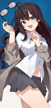 Rule 34 | 1girl, absurdres, black hair, black skirt, blue eyes, brown cardigan, cardigan, collared shirt, commentary, cowboy shot, hands up, highres, holding, holding removed eyewear, ichinose shiki, idolmaster, idolmaster cinderella girls, light blush, long hair, long sleeves, looking at viewer, miniskirt, navel, open cardigan, open clothes, open mouth, partially unbuttoned, school uniform, shika002, shirt, skirt, smile, solo, standing, symbol-only commentary, two-tone background, unbuttoned, unworn eyewear, white shirt, wing collar