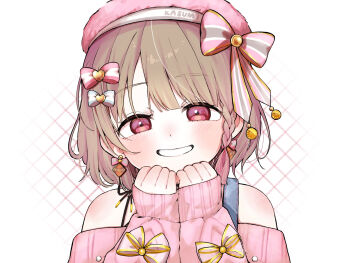 1girl bare_shoulders beret blush bow braid braided_sidelock brown_hair commentary earrings gradient_hair grin hair_bow hair_ornament hanabi_(yuruneko0624) hat highres jewelry long_sleeves looking_at_viewer love_live! love_live!_nijigasaki_high_school_idol_club love_live!_school_idol_festival_all_stars multicolored_hair nakasu_kasumi nakasu_kasumi_(a_sweet_moment) off-shoulder_sweater off_shoulder official_alternate_costume official_alternate_hair_color official_alternate_hairstyle pink_bow pink_eyes pink_hair pink_hat pink_sweater short_hair sleeves_past_wrists smile solo sweater upper_body