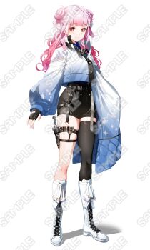 1girl absurdres arms_at_sides asymmetrical_sleeves black_boots black_gloves black_shorts black_thighhighs boots closed_mouth commentary_request cropped_jacket dagger double_bun fingerless_gloves full_body gloves hair_bun heart heart_o-ring high-waist_skirt high_collar highres jacket knee_boots knife kuu_(user_gngs5284) lace-up_boots long_hair long_sleeves looking_at_viewer o-ring o-ring_thigh_strap official_art original pink_hair puffy_long_sleeves puffy_sleeves red_eyes sample_watermark shirt_overhang shorts side_up_bun single_thighhigh single_wide_sleeve skirt smile solo tachi-e thigh_sheath thigh_strap thighhighs watermark weapon white_boots white_jacket