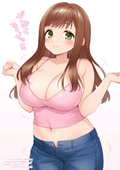 1girl bare_arms bare_shoulders blue_pants blush breasts brown_hair camisole cleavage clenched_hands closed_mouth collarbone cowboy_shot crop_top denim gradient_background green_eyes hands_up highres jeans large_breasts long_hair looking_at_viewer midriff navel open_pants pants pink_camisole sasanoneko smile solo sophia_esteed spaghetti_strap star_ocean star_ocean:_till_the_end_of_time straight_hair unbuttoned white_background