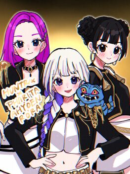 Rule 34 | 3girls, ahyeon (babymonster), babymonster, black hair, blonde hair, blunt bangs, blush, commentary, cosplay, derpy (kpop demon hunters), double bun, earrings, hair bun, hands on own hips, highres, hoop earrings, jewelry, long hair, looking at viewer, mira (kpop demon hunters), mira (kpop demon hunters) (cosplay), multicolored hair, multiple girls, navel, pharita (babymonster), purple hair, rora (babymonster), rumi (kpop demon hunters), rumi (kpop demon hunters) (cosplay), samarundao, sidelocks, smile, tiger, two-tone hair, zoey (kpop demon hunters), zoey (kpop demon hunters) (cosplay)