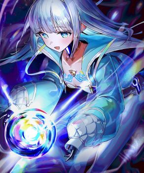 1girl aqua_jacket black_gloves black_hairband blue_eyes blunt_ends bodysuit collarbone covered_navel cropped_jacket detached_collar eudie_(shadowverse) gloves glowing grey_hair h4ppyage hairband highres jacket long_hair long_sleeves looking_at_viewer open_clothes open_jacket open_mouth orb parted_lips shadowverse shadowverse:_worlds_beyond solo white_bodysuit