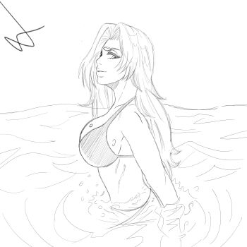 Rule 34 | 1girl, bikini, bkaart27, bleach, breasts, large breasts, long hair, looking to the side, matsumoto rangiku, partially submerged, solo, swimsuit, water