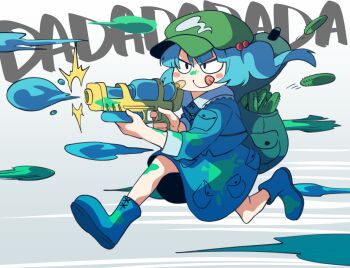 Rule 34 | 1girl, blue boots, blue hair, blue shirt, blue skirt, boots, commentary request, cucumber, dirty, dirty clothes, dirty face, green bag, green hat, hat, holding, holding water gun, jewelry, kamabokopic, kawashiro nitori, key, key necklace, long sleeves, necklace, puffy long sleeves, puffy sleeves, running, shirt, skirt, smile, solo, tongue, tongue out, touhou, two side up, water gun