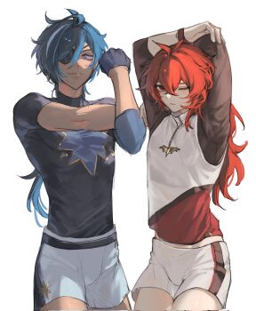 Rule 34 | 2boys, alternate costume, arms up, blue eyes, closed mouth, commentary request, cross-body stretch, diluc (genshin impact), eyepatch, genshin impact, gloves, hair between eyes, highres, kaeya (genshin impact), long hair, looking at viewer, male focus, midriff peek, multiple boys, one eye closed, red eyes, red hair, shorts, simple background, step-siblings, stretching, sweat, white background, zehuij