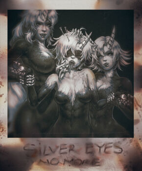 3girls barbed_tongue bleeding blindfold blood breasts corruption cowboy_shot eyeball hair_intakes highres holding_another's_wrist horns kuon_(kwonchanji) large_breasts lips long_hair medium_breasts multiple_girls nail_(hardware) nora_valkyrie nude photo_(object) pyrrha_nikos ruby_rose rwby short_hair single_horn standing tongue tongue_out