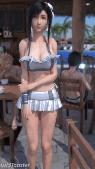 1boy 2girls 3d accidental_exposure animated animated_gif arm_support artist_name assisted_exposure barefoot beach belt bikini bikini_pull bikini_skirt black_hair blonde_hair breasts brown_eyes cafe censored chair cleavage clothes_pull cloud_strife double_v falling final_fantasy final_fantasy_vii final_fantasy_vii_remake flip-flops flower frilled_bikini frills hair_flower hair_ornament large_breasts leaning_back lvl3toaster mosaic_censoring multiple_girls navel nipples nude outdoors palm_tree playing_games pubic_hair pussy sandals short_shorts shorts shy side-tie_bikini_bottom sitting standing stirring surprised swimsuit table tifa_lockhart tifa_lockhart_(shining_spirit) tree undressing v white_bikini wrist_cuffs yuffie_kisaragi