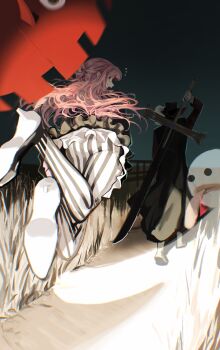 1boy 1girl absurdres ass camera_flash dracule_mihawk embarrassed floating flying_sweatdrops ghost high_heels highres holding holding_umbrella huge_weapon kotomine_(a1569) night one_piece open_mouth pants parasol path perona pink_eyes pink_hair road striped_clothes striped_pants sword sword_on_back umbrella weapon weapon_on_back