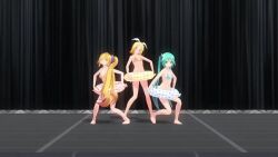 3d 3girls accidental_exposure akita_neru animated aqua_hair audible_music bare_legs barefoot bikini bikini_top_only blonde_hair bottomless dancing feet full_body hair_ribbon hatsune_miku holding holding_swim_ring innertube kagamine_rin long_hair mikumikudance_(medium) multiple_girls ribbon short_hair side-tie_bikini_bottom sound stage standing striped_bikini striped_clothes swim_ring swimsuit toes twintails uep20 very_long_hair video vocaloid white_ribbon yellow_bikini