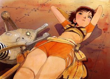 1girl armpits arms_behind_head bike_shorts black_hair blush breasts brown_eyes brown_hair character_request clothing_cutout hip_vent kasahara_tetsurou kuusou_kagaku_edison lying machine midriff orange_shorts science_fiction short_hair short_sleeves shorts skin_tight solo