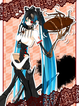 1girl 3d blush bone breasts bug calne_ca_(deino) chocolate cockroach cyborg deino_(deino3330) female_focus hatsune_miku heterochromia highres insect isopod nude solo twintails valentine vocaloid