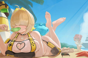 2girls 95hoody ahoge areola_slip beach blue_sky breast_press breasts cleavage cleavage_cutout clothing_cutout cloud controller day doro_(nikke) dorothy_(nikke) dorothy_(serendipity)_(nikke) elegg_(boom_and_shock)_(nikke) elegg_(nikke) food food_in_mouth gloves goddess_of_victory:_nikke hair_intakes heart_cutout highres large_breasts lying multiple_girls ocean on_stomach outdoors popsicle popsicle_in_mouth remote_control sandals ship single_glove sky solo_focus starfish suspenders unworn_sandals watercraft