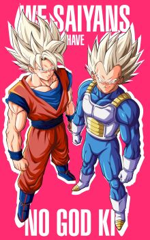 2boys absurdres armor art_jake blonde_hair blue_bodysuit blue_boots blue_sash blue_shirt blue_wrist_cuffs bodysuit boots clenched_hands closed_mouth commentary dougi dragon_ball dragon_ball_super english_commentary english_text full_body gloves green_eyes highres male_focus medium_hair multiple_boys muscular muscular_male orange_pants orange_shirt pants pink_background saiyan_armor sash shirt simple_background smirk son_goku spiked_hair standing super_saiyan super_saiyan_1 vegeta white_armor white_boots white_gloves wrist_cuffs