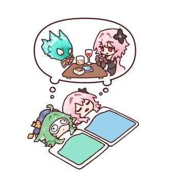 2girls ahoge alcohol chibi closed_eyes closed_mouth cup dorkdragoon dreaming drinking_glass evernight_(honkai:_star_rail) green_hair honkai:_star_rail honkai_(series) huohuo_(honkai:_star_rail) ice ice_cube long_hair march_7th_(honkai:_star_rail) multiple_girls open_mouth pink_hair red_eyes red_wine sleep_mask sleeping smile speech_bubble table tail_(honkai:_star_rail) thought_bubble under_covers uno_(game) wine wine_glass