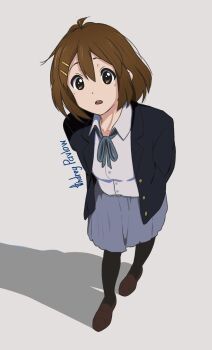 1girl ahoge andreypavlow artist_name black_pantyhose blue_jacket blue_skirt brown_eyes brown_hair brown_shoes collared_shirt commentary double-parted_bangs dress_shirt from_above full_body grey_background hair_between_eyes hair_ornament hairclip highres hirasawa_yui jacket k-on! loafers long_sleeves looking_at_viewer neck_ribbon open_clothes open_jacket open_mouth pantyhose parallel_hairclips pleated_skirt ribbon shadow shirt shoes signature simple_background skirt solo white_shirt
