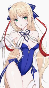 absurdres ahoge artoria_caster_(fate) artoria_caster_(swimsuit)_(fate) artoria_caster_(swimsuit)_(third_ascension)_(fate) artoria_caster_(swimsuit_berserker)_(third_ascension)_(fate) artoria_pendragon_(fate) bare_shoulders blonde_hair blue_bow blue_one-piece_swimsuit blue_ribbon bow breasts diamond_(shape) fate/grand_order fate_(series) green_eyes hair_between_eyes hair_bow highres long_hair long_sleeves mati5572 one-piece_swimsuit ornament red_hair ribbon small_breasts swimsuit twintails white_ribbon