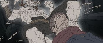 Rule 34 | 1boy, 1other, absurdres, commentary, eight-handed wheel, extra eyes, facial tattoo, forehead tattoo, four eyes, from below, head tail, highres, jujutsu kaisen, kehako, mahoraga (jujutsu kaisen), multiple boys, ryoumen sukuna (jujutsu kaisen), shikigami, sword of extermination, tattoo, teeth, wheel of dharma, wings as eyes