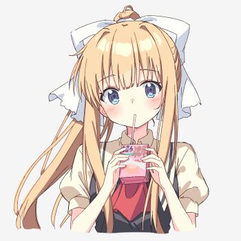 Rule 34 | 1girl, absurdres, air (visual novel), ascot, black dress, blonde hair, blue eyes, blunt bangs, blush, cropped torso, dress, drink carton, drinking straw, drinking straw in mouth, hair intakes, hair ribbon, hands up, highres, holding, holding carton, holding milk carton, kamio misuzu, long hair, looking at viewer, milk carton, ponytail, puffy short sleeves, puffy sleeves, red ascot, ribbon, school uniform, setteiset, shirt, short sleeves, simple background, solo, upper body, very long hair, white background, white ribbon, yellow shirt