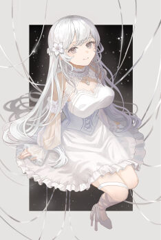 1girl absurdres bare_shoulders breasts commentary commentary_request detached_sleeves dress english_commentary flower frilled_dress frilled_sleeves frills grey_eyes hair_flower hair_ornament high_heels highres jewelry looking_at_viewer mixed-language_commentary necklace original partial_commentary see-through_clothes solo touchika white_dress white_hair