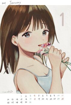 1girl 2025 breasts brown_hair calendar_(medium) camisole choppy_bangs cleavage commentary_request dot_nose flower from_side grey_hair hands_up highres holding holding_flower january looking_at_viewer looking_to_the_side medium_hair nena_labo open_mouth original painting_(medium) signature solo spaghetti_strap traditional_media upper_body white_camisole