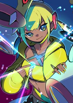 1girl aqua_hair ayo_(ayosanri009) bandeau black_eyes black_mask blonde_hair blue_skin canari_(pokemon) colored_sclera colored_skin commentary criss-cross_straps dark-skinned_female dark_skin eel eelektross fangs fish gen_5_pokemon highres jacket lamprey long_sleeves mask mask_pull mega_eelektross mega_pokemon mega_stone mouth_mask multicolored_hair multicolored_skin navel nintendo open_mouth pants pokemon pokemon_(creature) pokemon_legends:_z-a red_sclera short_twintails split-color_clothes split-color_hair twintails two-tone_mask two-tone_pants two-tone_skin white_skin yellow_bandeau yellow_jacket yellow_mask yellow_trim