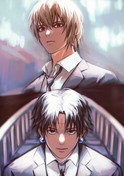 Rule 34 | 2boys, bin (binonep), black eyes, black hair, black jacket, blonde hair, chrollo lucilfer, collared shirt, commentary request, earrings, facial mark, forehead mark, hunter x hunter, jacket, jewelry, korean commentary, kurapika, male focus, multiple boys, open collar, red eyes, shirt, short hair, suit jacket, white shirt