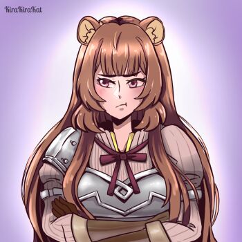 Rule 34 | 1girl, animal ear fluff, animal ears, armor, artist name, blunt bangs, breastplate, brown gloves, brown hair, closed mouth, commentary, commission, crossed arms, dress, elbow gloves, english commentary, eyelashes, gloves, gradient background, grey armor, kirakirakat (artist), long hair, looking to the side, pauldrons, pink eyes, pinstripe dress, pinstripe pattern, pout, purple background, raccoon ears, raccoon girl, raphtalia, shoulder armor, single pauldron, solo, straight hair, tate no yuusha no nariagari, upper body, v-shaped eyebrows, white background, white dress