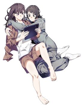 2girls arms_around_neck bang_dream! bang_dream!_it's_mygo!!!!! barefoot black_hair brown_hair brown_shorts cardigan closed_mouth commentary green_eyes grey_hoodie grey_pants hashtag-only_commentary highres holding holding_tablet_pc hood hoodie hug long_hair mole mole_under_eye multiple_girls orange_cardigan pants purple_eyes raccal337 shiina_taki shirt shorts simple_background socks tablet_pc toes white_background white_shirt white_socks yahata_umiri yuri