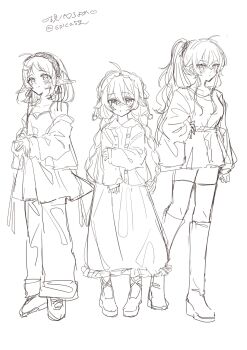 3girls ahoge braid denim dress elf eris_greyrat hair_ornament hair_scrunchie hairband highres jacket jeans lineart looking_at_viewer multiple_girls mushoku_tensei pants pointy_ears ponytail roxy_migurdia scrunchie sketch spica59 sylphiette_(mushoku_tensei) thighhighs twin_braids white_background