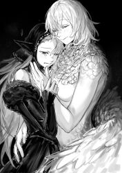 Rule 34 | 2girls, black background, blush, breasts, closed eyes, closed mouth, commentary, dress, dungeon meshi, ear covers, elf, english commentary, falin touden, falin touden (chimera), feathered wings, greyscale, highres, hug, large breasts, long hair, marcille donato, medium hair, monochrome, monster girl, multiple girls, nayep, nude, off-shoulder dress, off shoulder, parted lips, pointy ears, smile, tears, wings, yuri