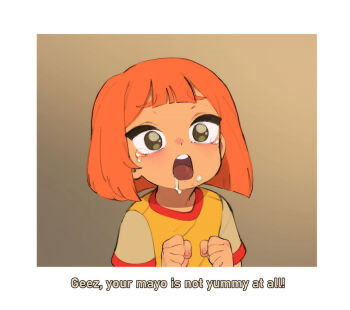 1girl after_fellatio brown_eyes clenched_hands cum cum_in_mouth cum_on_body daughter_(yoru_mac) english_text facial facing_viewer female_focus highres loli mcdonald&#039;s open_mouth orange_hair parody shirt short_hair short_sleeves shoujo_ramune solo tears upper_body yellow_shirt yokappa_(jokappa) yoru_mac