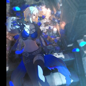 1girl absurdres artist_logo black_gloves black_jacket black_pantyhose black_shorts black_thighhighs blue_bra bra breasts candle cleavage closed_mouth commentary commentary_request cropped_jacket english_commentary galbrena_(wuthering_waves) gloves grey_hair highres jacket logo looking_to_the_side medium_breasts medium_hair mixed-language_commentary navel pantyhose partial_commentary pillarboxed purple_eyes qurami shorts sidelocks single_leg_pantyhose single_thighhigh solo stomach thighhighs thighs underwear wuthering_waves