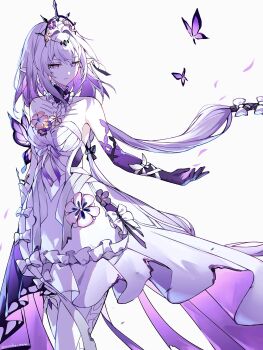 1girl animal_print bow breasts burnt_clothes butterfly_print butterfly_wings castorice_(honkai:_star_rail) collar commentary_request dress earrings elbow_gloves floral_print flower frilled_collar frilled_dress frills gloves hair_flower hair_ornament highres honkai:_star_rail honkai_(series) insect_wings jewelry long_hair nirako_mona pointy_ears purple_eyes purple_hair ribbon thighhighs tiara very_long_hair white_background wings