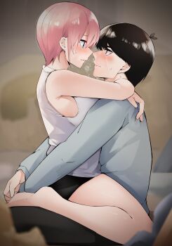 1boy 1girl absurdres after_kiss antenna_hair armpits arms_around_neck arms_around_waist bare_arms bare_legs bare_shoulders barefoot bed bedroom black_hair black_skirt blue_eyes blush breasts closed_mouth couple earrings eye_contact eyebrows_hidden_by_hair from_side full_body glint go-toubun_no_hanayome hair_between_eyes hetero highres hug imminent_kiss jewelry large_breasts legs looking_at_another mame1645 miniskirt nakano_ichika nose parted_lips pencil_skirt pink_hair profile saliva saliva_trail shiny_skin shirt short_hair sitting sitting_on_lap sitting_on_person skirt sleeveless sleeveless_shirt straight_hair stud_earrings sweat thighs uesugi_fuutarou white_shirt yellow_eyes