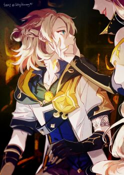 Rule 34 | 1boy, 1girl, albedo (genshin impact), aqua eyes, black gloves, blonde hair, blue shirt, braid, coat, collared shirt, commentary request, elbow gloves, genshin impact, gloves, hand on another's face, heeparang, highres, hood, hood down, hooded coat, long hair, looking at another, medium hair, mother and son, open clothes, open coat, parted lips, red lips, rhinedottir (genshin impact), shirt, smile, twitter username, very long hair, vision (genshin impact), white coat, yellow nails