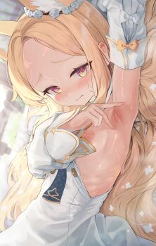 1girl absurdres animal_ear_fluff animal_ears arm_up armpits blonde_hair blue_archive blush breasts closed_mouth commentary detached_sleeves diu1 double-parted_bangs dress extra_ears forehead fox_ears fox_girl highres loli long_hair long_sleeves looking_at_viewer nipples presenting_armpit red_eyes seia_(blue_archive) sideless_dress sleeveless sleeveless_dress small_breasts solo spread_armpit white_dress white_sleeves