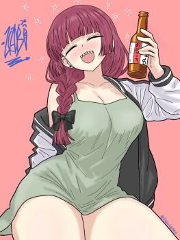 1girl alcohol bare_shoulders beer beer_bottle black_bow black_jacket blunt_bangs blush_stickers bocchi_the_rock! bottle bow braid breasts cleavage closed_eyes commentary cowboy_shot drawlab33t dress drunk ear_piercing english_commentary green_dress hair_bow hair_over_shoulder hiroi_kikuri holding holding_bottle jacket large_breasts long_hair long_sleeves medium_dress multicolored_jacket new_year open_clothes open_jacket open_mouth piercing pink_background purple_hair scribble_background seiza sharp_teeth simple_background single_braid sitting solo teeth thighs twitter_username two-tone_jacket white_jacket