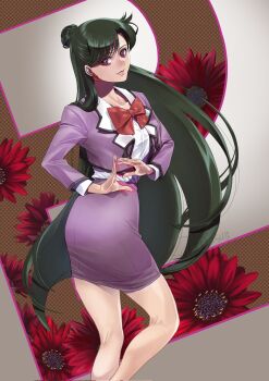 Rule 34 | bishoujo senshi sailor moon, blazer, bow, bowtie, collarbone, earrings, formal clothes, green hair, hair bun, highres, jacket, jewelry, katt sun, lips, long hair, looking at viewer, meiou setsuna, parted bangs, pencil skirt, pluto symbol, purple skirt, red bow, red bowtie, red eyes, shirt, single hair bun, skirt, skirt suit, smile, suit, white shirt